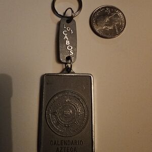 Metal Los Cabos Mexico Dangley Keychain with Aztec Calendar - Silver